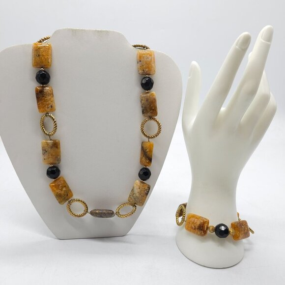 Jasper Brown Black Beaded Necklace And Bracelet Set With Twisted Gold-Tone Accen - Picture 1 of 7
